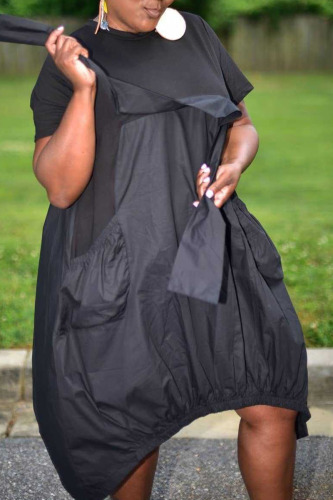 Black Casual Solid Patchwork Pocket O Neck Straight Short Sleeve Dress