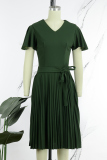 Ink Green Casual Solid Patchwork V Neck Short Sleeve Dress Dresses
