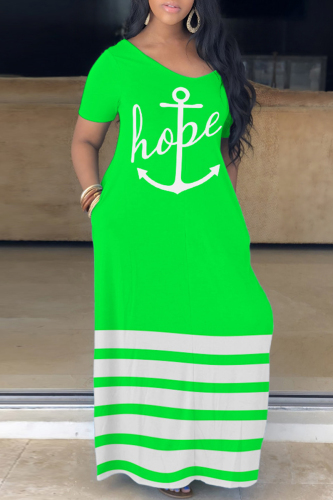 Green Casual Print Basic V Neck Short Sleeve Dress Dresses