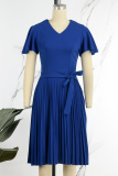 Blue Casual Solid Patchwork V Neck Short Sleeve Dress Dresses