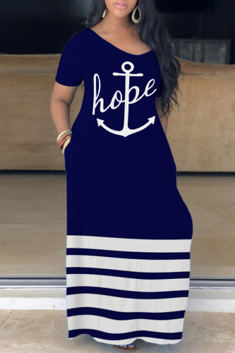 Blue Casual Print Basic V Neck Short Sleeve Dress Dresses