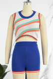 Blue Casual Patchwork Basic O Neck Sleeveless Two Pieces