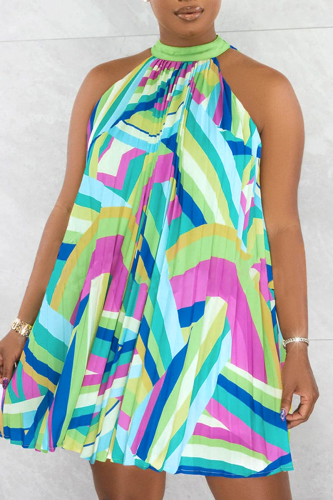 Light Green Casual Print Patchwork Fold O Neck A Line Dresses