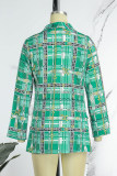 Green Casual Work Elegant Print Buttons Turn-back Collar Outerwear(With Belt)