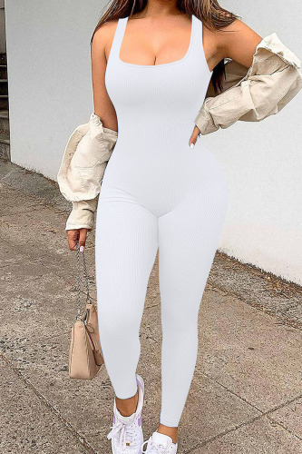 White Casual Sportswear Solid Patchwork U Neck Skinny Jumpsuits