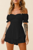 Black Casual Solid Flounce Off the Shoulder Straight Rompers