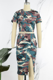 Green Sexy Casual Street Camouflage Print Patchwork Pocket Slit O Neck Short Sleeve Two Pieces