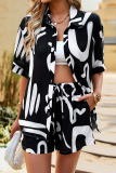 Black Casual Daily Geometric Print Contrast Turndown Collar Short Sleeve Two Pieces