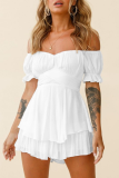 White Casual Solid Flounce Off the Shoulder Straight Rompers