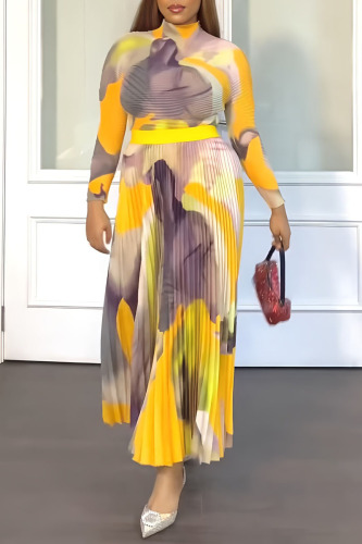 Yellow Casual Print Patchwork Fold Half A Turtleneck Long Sleeve Two Pieces