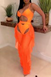 Orange Sleeveless Hollowed Out Vacation Beach Ruffle One Piece Bikinis Set