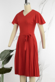 Rose Red Casual Solid Patchwork V Neck Short Sleeve Dress Dresses