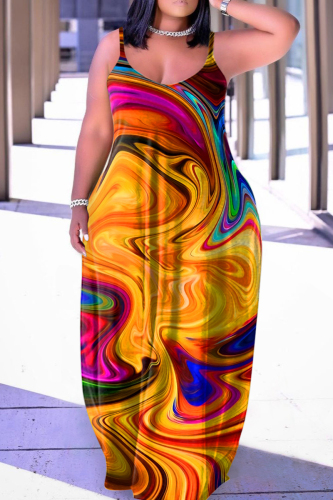 Multicolor Sexy Casual Print Backless Spaghetti Strap Long Dress Dresses