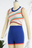 Blue Casual Patchwork Basic O Neck Sleeveless Two Pieces