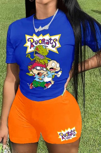 Orange Casual Character Print Letter O Neck Short Sleeve Two Pieces
