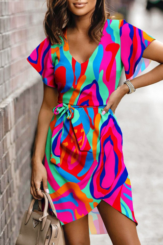 Red Casual Sweet Print Patchwork Frenulum V Neck Irregular Dress Dresses