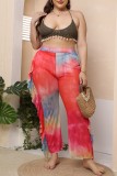 Red Casual Solid Tie Dye Patchwork See-through Plus Size