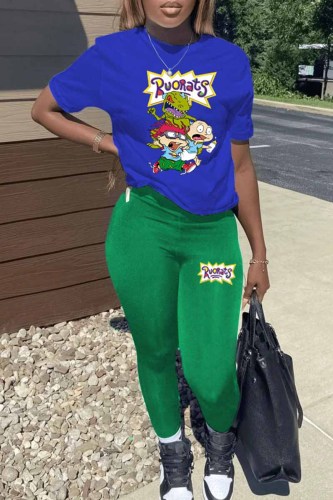 Green Casual Character Print Letter O Neck Short Sleeve Two Pieces