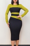 Fruit Green Casual Patchwork Contrast O Neck Long Sleeve Dresses