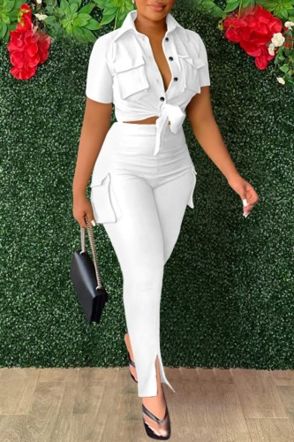 White Casual Solid Patchwork Turndown Collar Short Sleeve Two Pieces