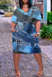 Blue Casual Print Basic V Neck Short Sleeve Dress