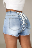 Baby Blue Fashion Casual Solid Strap Design Mid Waist Regular Jeans