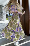 Green Yellow Casual Print Patchwork V Neck Long Sleeve Dresses