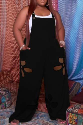 Black Fashion Casual Solid Hollowed Out Patchwork Square Collar Plus Size Jumpsuits