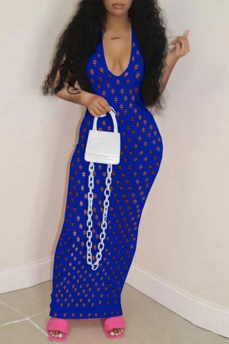 Blue Sexy Casual Solid Hollowed Out V Neck Long Dress Dresses