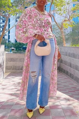 Pink Casual Print Patchwork Backless Asymmetrical Oblique Collar Tops (Subject To The Actual Object)