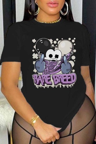 Black Casual Character Print Letter O Neck T-Shirts
