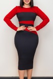 Royal Blue Casual Patchwork Contrast O Neck Long Sleeve Dresses