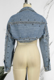 Light Blue Casual Patchwork Rivets Cardigan Turndown Collar Long Sleeve Regular Denim Jacket