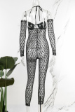 Black Sexy Solid Patchwork See-through Backless Halter Skinny Jumpsuits