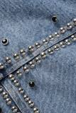 Light Blue Casual Patchwork Rivets Cardigan Turndown Collar Long Sleeve Regular Denim Jacket