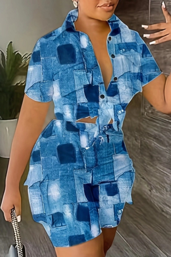 The cowboy blue Casual Print Pocket Buttons Knotted Turndown Collar Short Sleeve Two Pieces