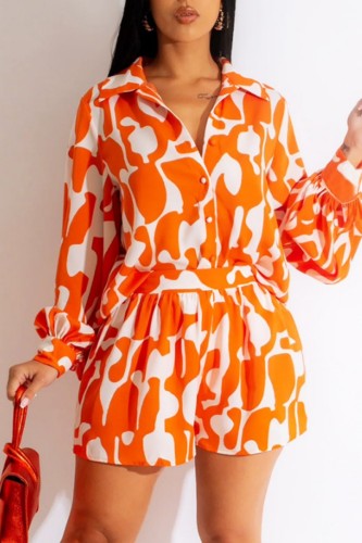 Orange Casual Print Basic Shirt Collar Long Sleeve Two Pieces