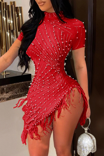 Red Sexy Patchwork Hot Drilling Tassel Beading Turtleneck Short Sleeve Dress Dresses