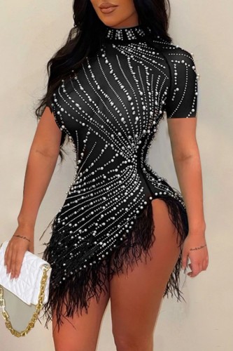 Black Sexy Patchwork Hot Drilling Tassel Beading Turtleneck Short Sleeve Dress Dresses