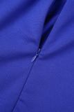 Royal Blue Casual Solid Patchwork Mandarin Collar Pencil Skirt Short Sleeve Dress