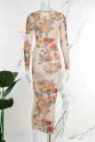 Apricot Sexy Print See-through O Neck Long Sleeve Dresses