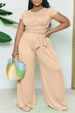 Apricot Casual Solid Frenulum O Neck Plus Size Two Pieces