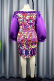Purple Casual Print Patchwork Off the Shoulder Long Sleeve Dresses