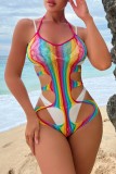 Colour Sleeveless Backless Halter Hollowed Out See-Through Vacation Beach One Piece Swimwears