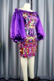 Purple Casual Print Patchwork Off the Shoulder Long Sleeve Dresses