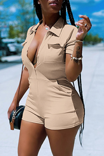 Khaki Casual Solid Basic Turndown Collar Skinny Romper