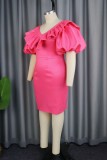 Rose Red Elegant Formal Solid Patchwork V Neck Short Sleeve Dress Dresses