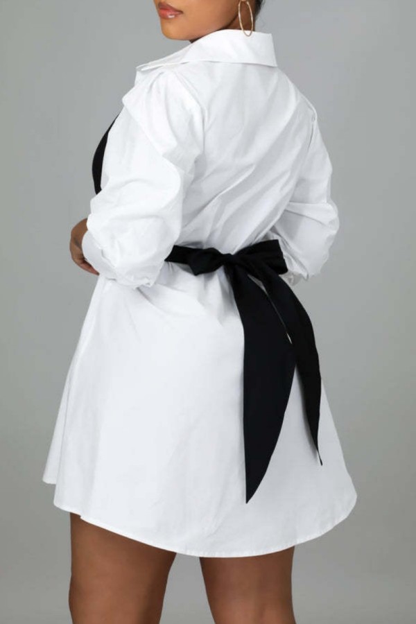 Casual Colorblock Pocket Patchwork Contrast Turndown Collar Sleeveless Dresses(4 Colors)