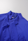 Royal Blue Casual Solid Patchwork Mandarin Collar Pencil Skirt Short Sleeve Dress