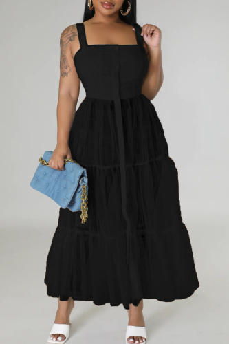 Black Casual Simplicity Solid Patchwork Fold Mesh Spaghetti Strap High Waist Tops